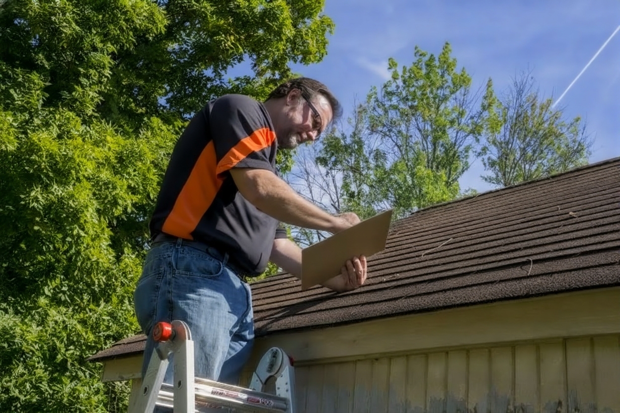 Close-up of missing and damaged roof shingles after storm