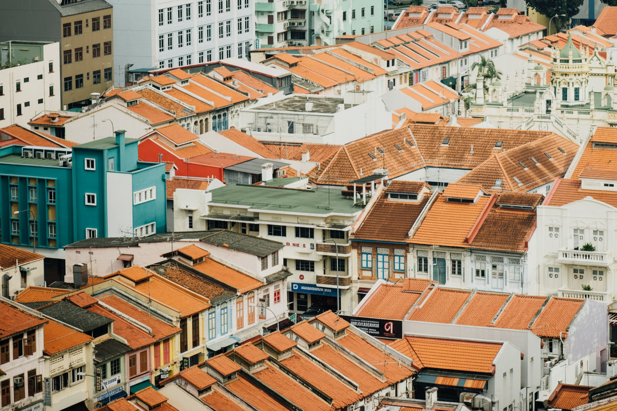 Different architectural styles of pitched roofs in a residential neighborhood with homeowners