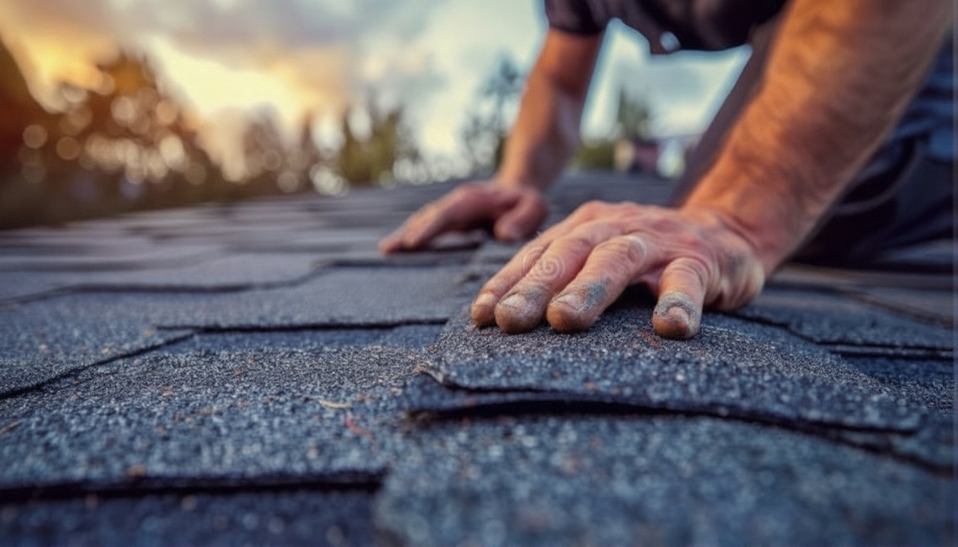 Professional roofer repairing and replacing damaged asphalt shingles on a residential home