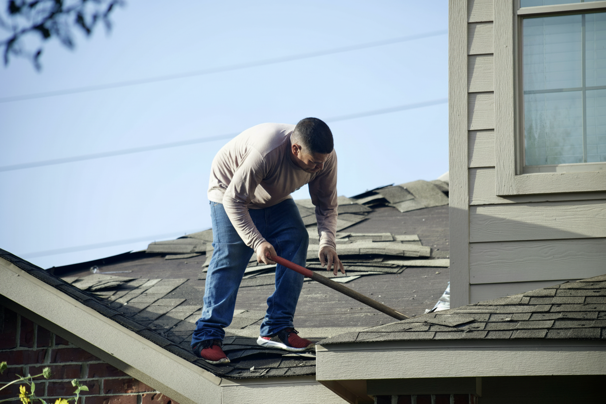 A man in jeans and a beige shirt uses a shovel to remove old shingles from a house roof during daylight. Shingle debris surrounds him as he works on the sloped surface near a window.