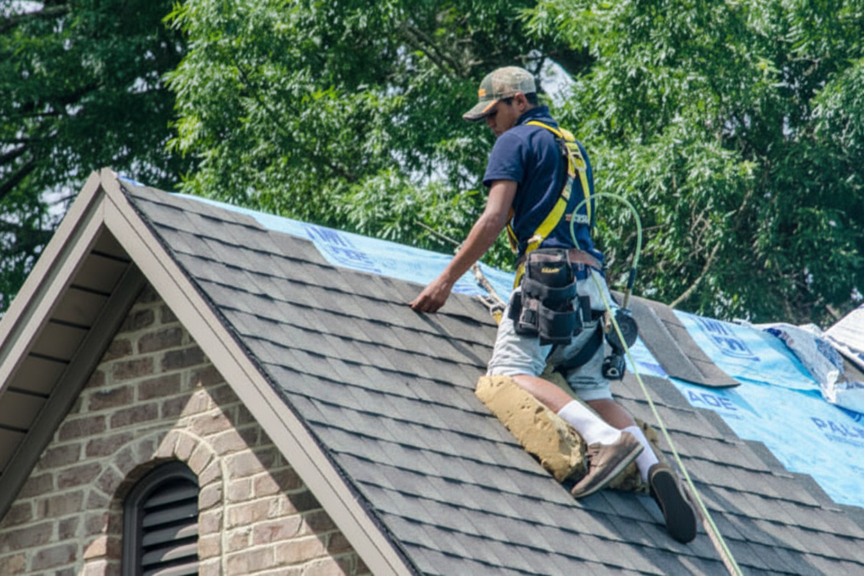 Professional roofing contractor repairing damaged shingles and fixing a roof leak on a residential home