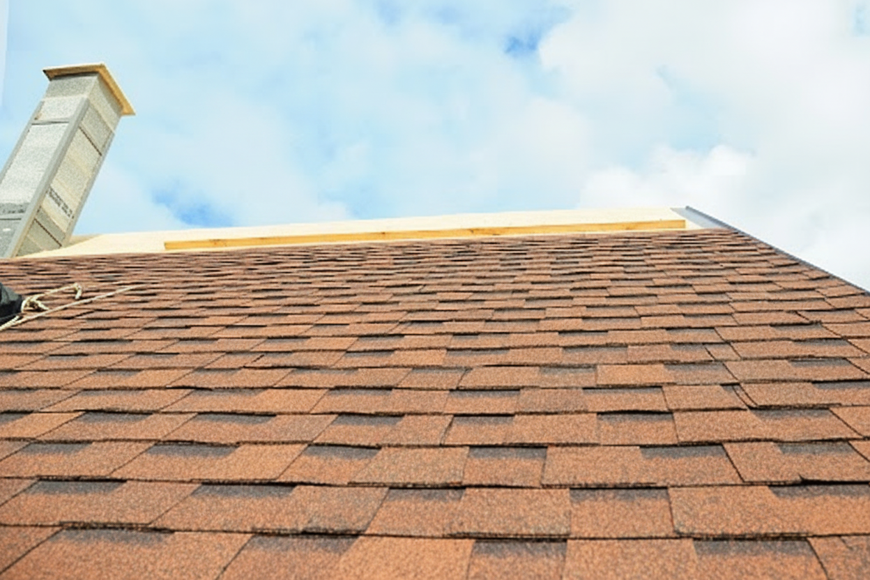 Close-up view of a brown shingled roof with a chimney on the left, set against a partly cloudy sky. The photo is taken from a low angle, looking up the slope of the roof.
