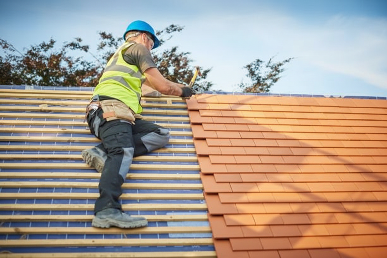 Professional roofing contractors installing clay or concrete tiles on a residential roof, demonstrating proper installation techniques