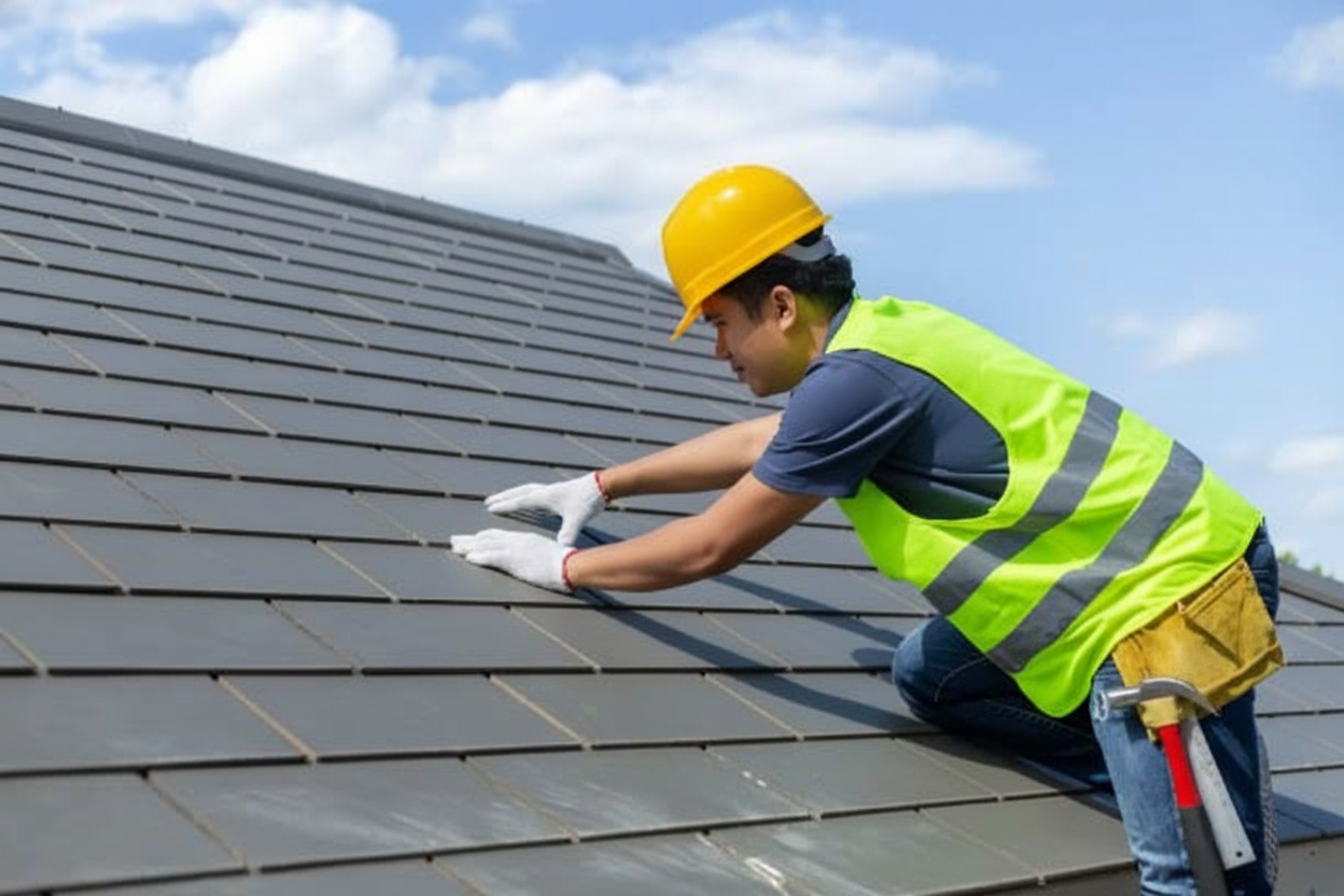 Person actively replacing damaged roof shingles during DIY repair, demonstrating hands-on roofing work