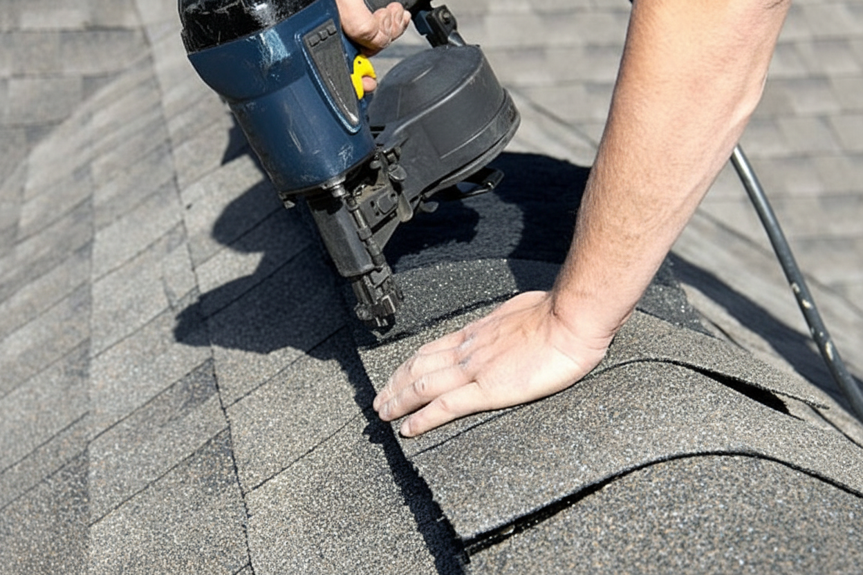Professional roofing contractors installing ridge cap shingles on a residential roof with proper safety equipment