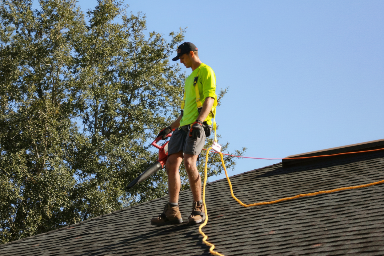 A man wearing a neon yellow shirt, shorts, and work boots uses a leaf blower to clean a roof. He is secured with a safety rope and stands near a tree under a clear blue sky.
