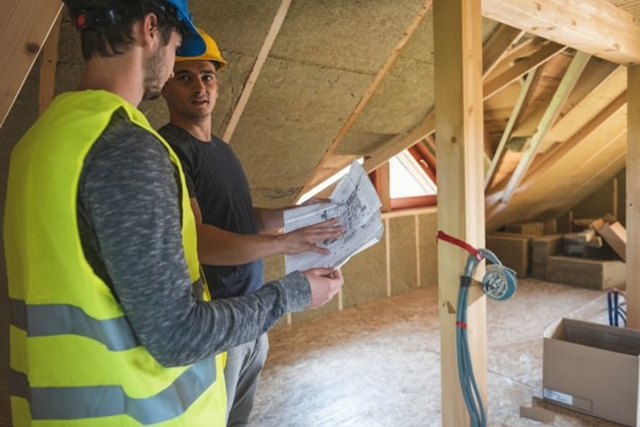 Two construction workers in safety gear review blueprints inside an unfinished attic space with exposed beams, wood framing, and insulation visible.