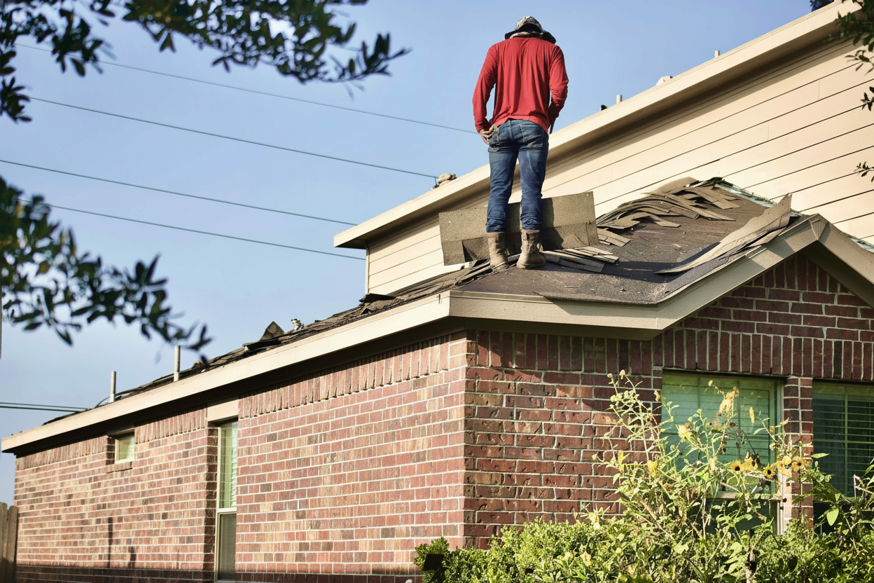 Roofing contractor assessing storm damage