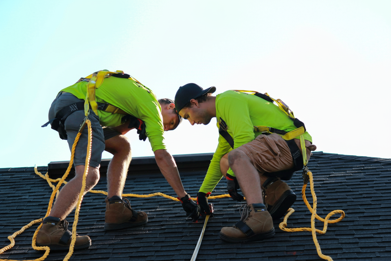 Professional contractor examining different types of roof decking materials with homeowner
