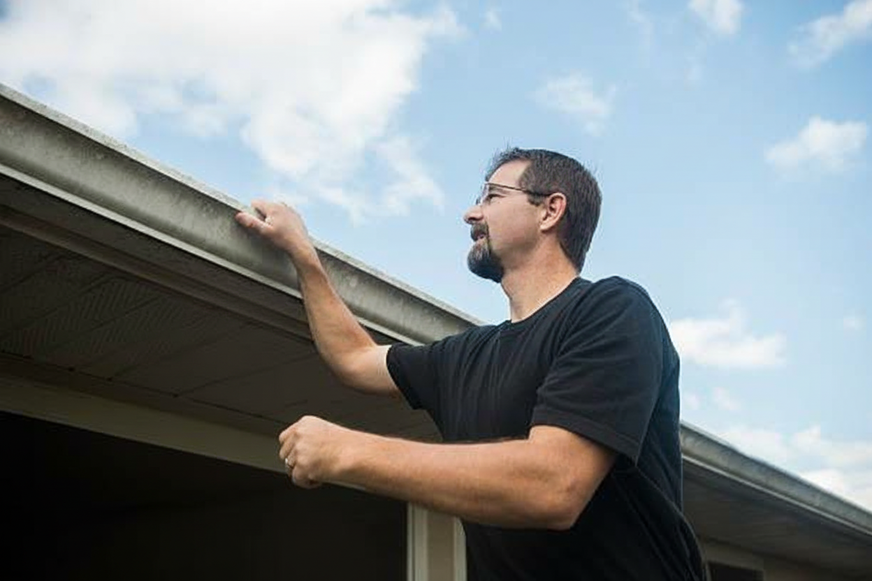 Professional roof inspector examining a residential home in Florida, showing inspection process