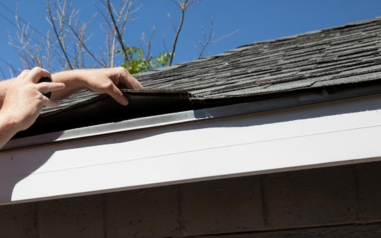 Professional roof inspector with clipboard examining shingles on a residential home, showing the inspection process