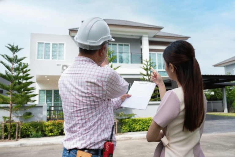 A man in a hard hat and a woman holding papers stand outside a modern house, discussing or inspecting the property; the man holds a clipboard and wears a plaid shirt with a walkie-talkie on his belt.