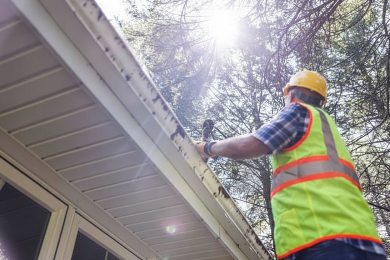 A person wearing a safety vest and hard hat cleans or repairs the gutters of a house, standing on a ladder under sunlight and surrounded by trees.