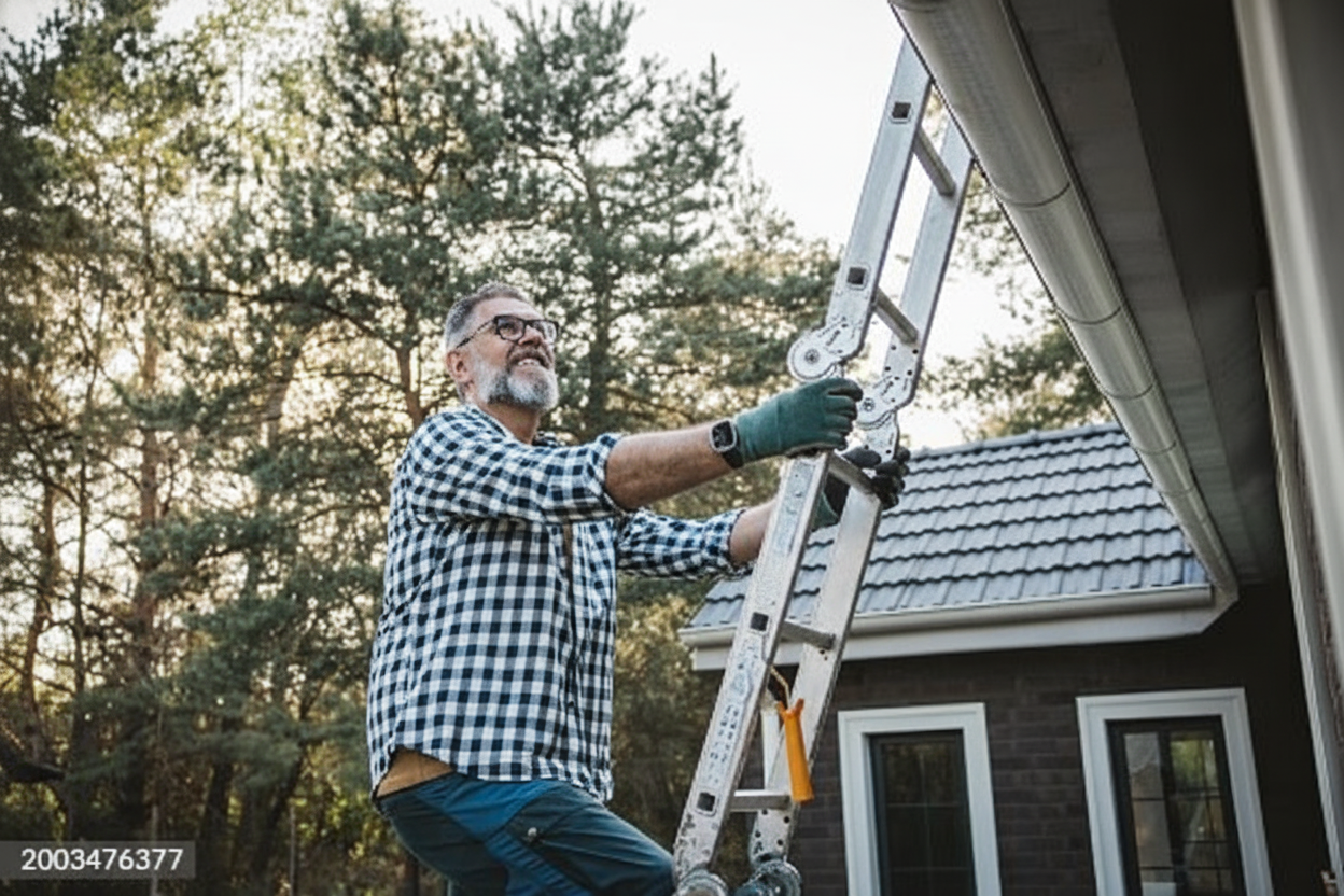 A man wearing a checkered shirt and gloves stands on a ladder, inspecting or cleaning the gutter of a house. Trees and the roof of the house are visible in the background.