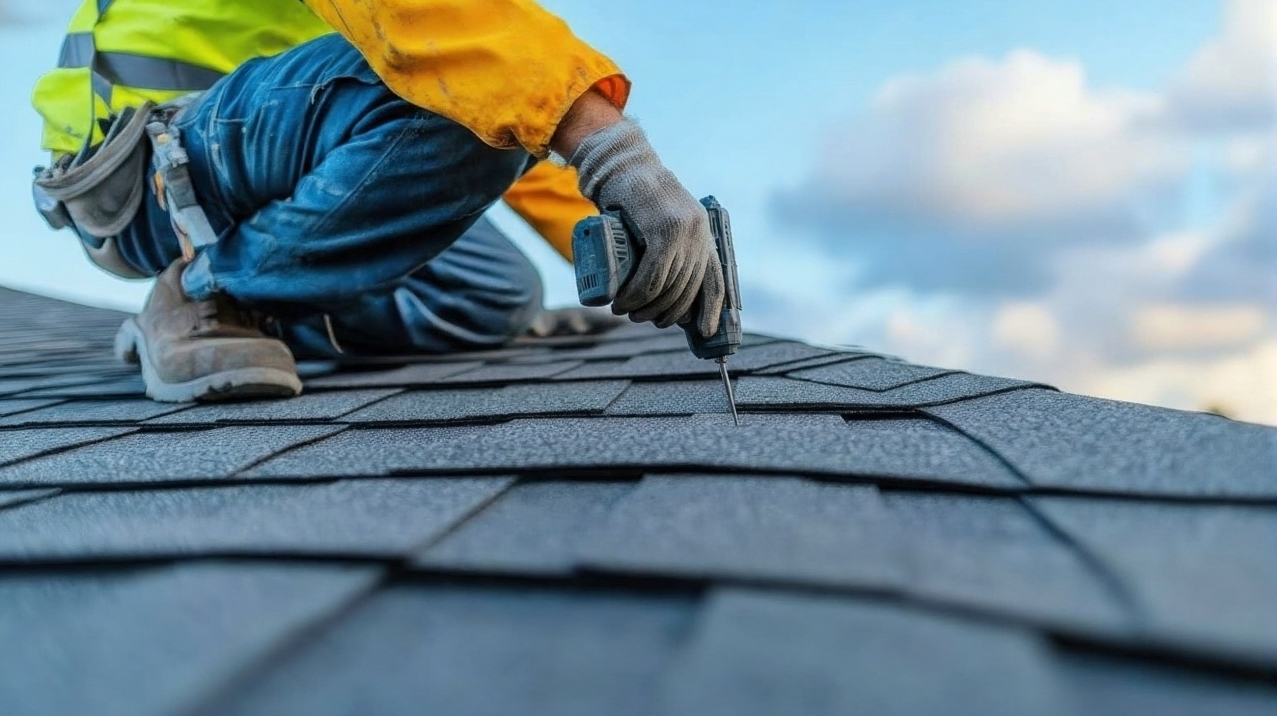 A worker in a yellow jacket and gloves kneels on a shingled roof, using a power drill to secure roofing shingles under a partly cloudy sky.