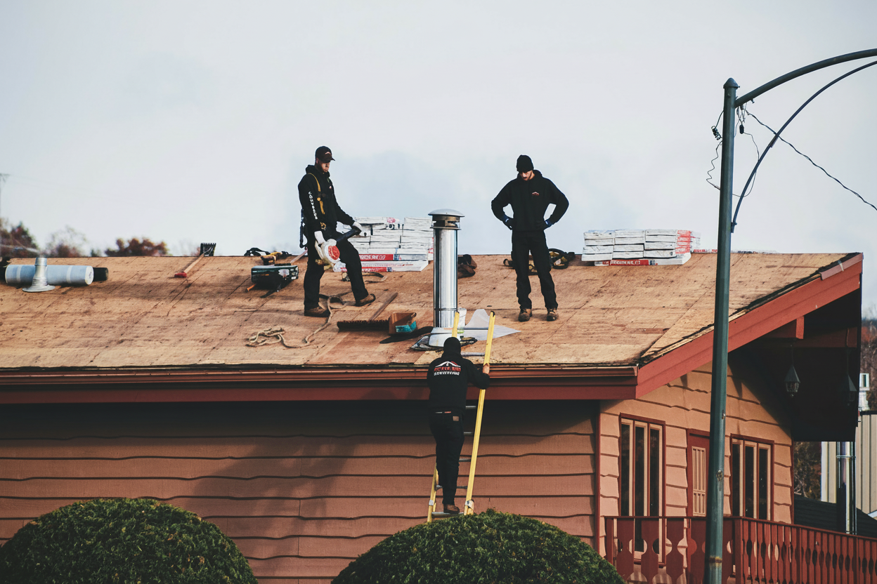 Professional roofing team performing roof leak repairs and maintenance work