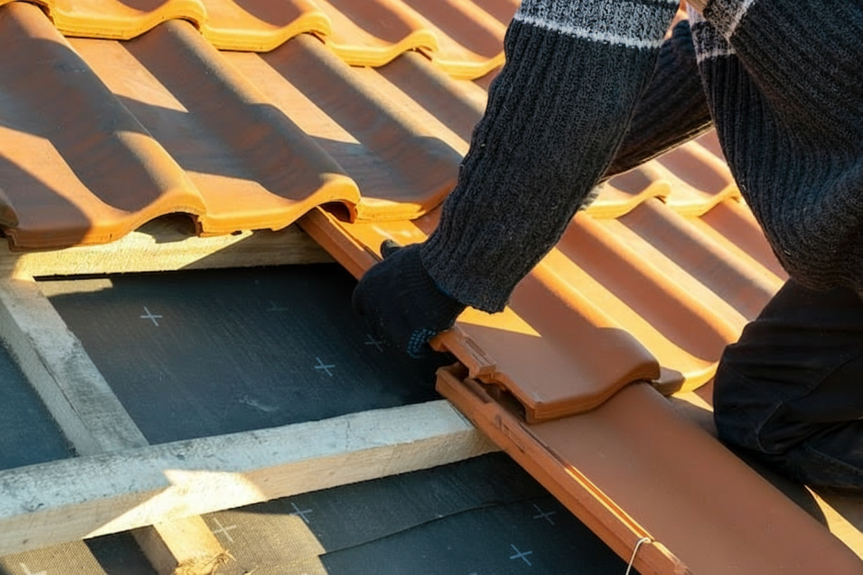 Professional roofing contractors installing ceramic tiles on a residential roof, showing the installation process and craftsmanship
