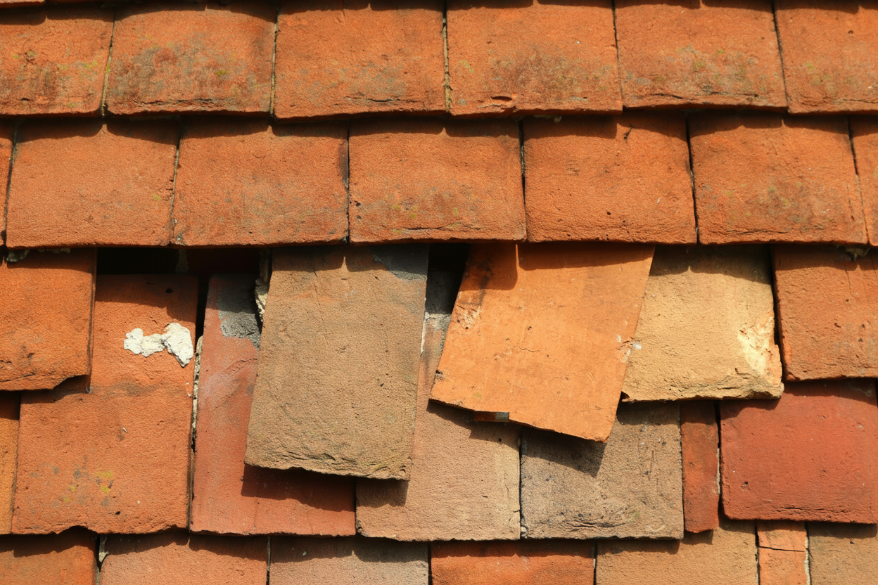 A close-up of a weathered roof with uneven, reddish-brown clay tiles. Some tiles are out of alignment, and a few appear broken or damaged, revealing wear and aging.