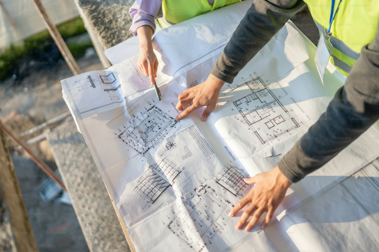 Professional contractors and architects discussing roof truss installation plans at a construction site