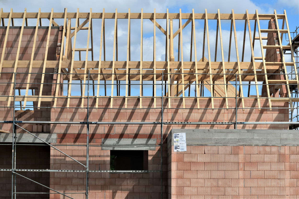 Construction workers installing roof trusses in a residential home during construction phase