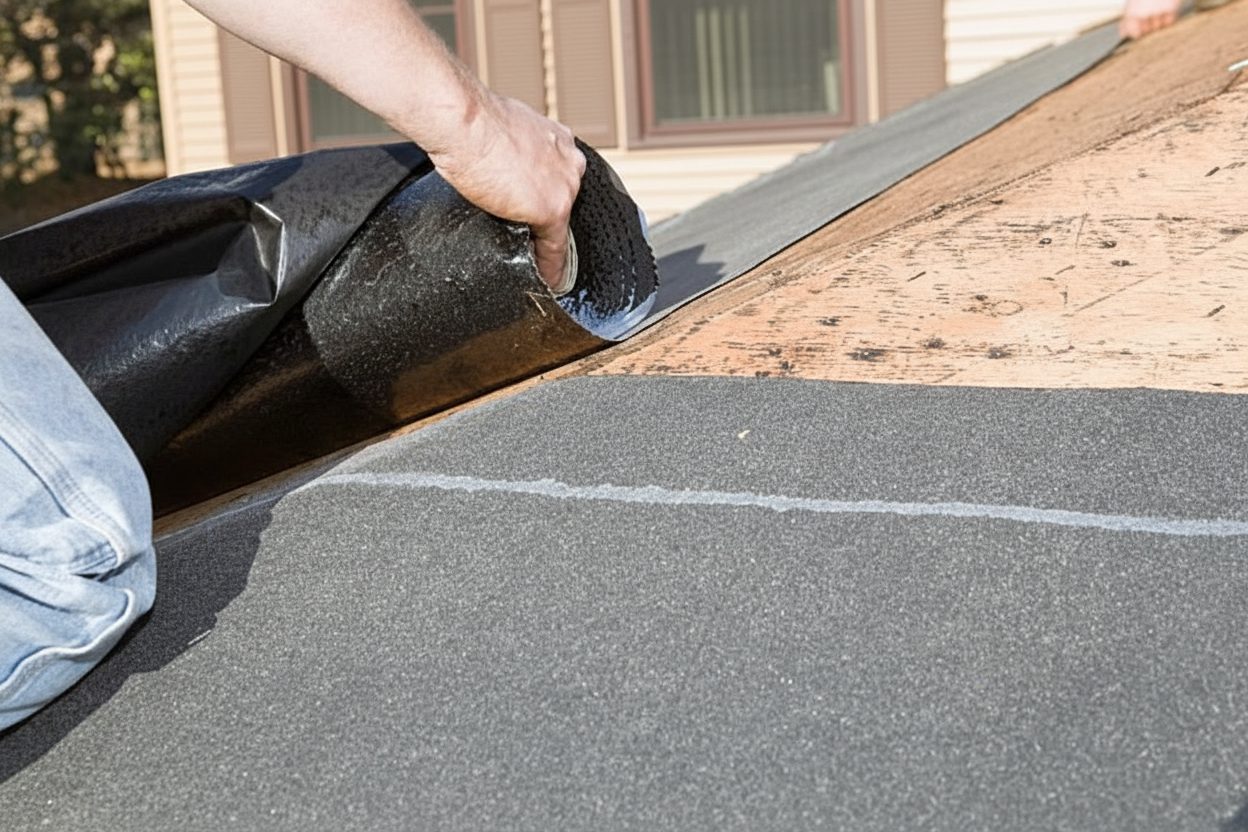 Professional roofer installing underlayment material on a residential roof with visible waterproof barrier
