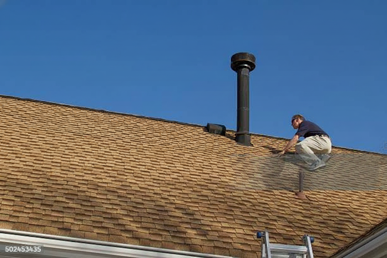 A man in a blue shirt and beige pants climbs onto a steep shingle roof from a ladder, with a chimney and pipe visible against a clear blue sky.