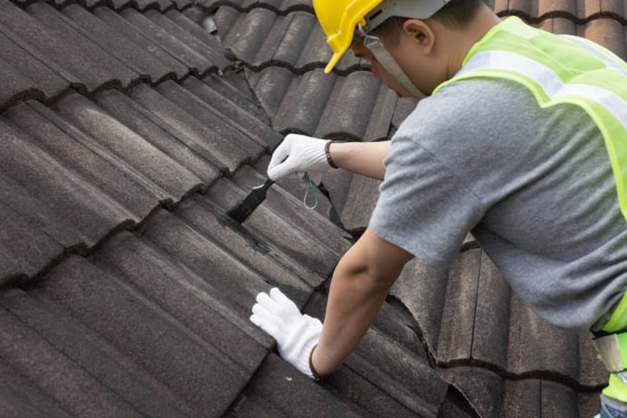 Professional roofer applying sealant to repair damaged roof shingles, demonstrating proper patching technique with tools and materials