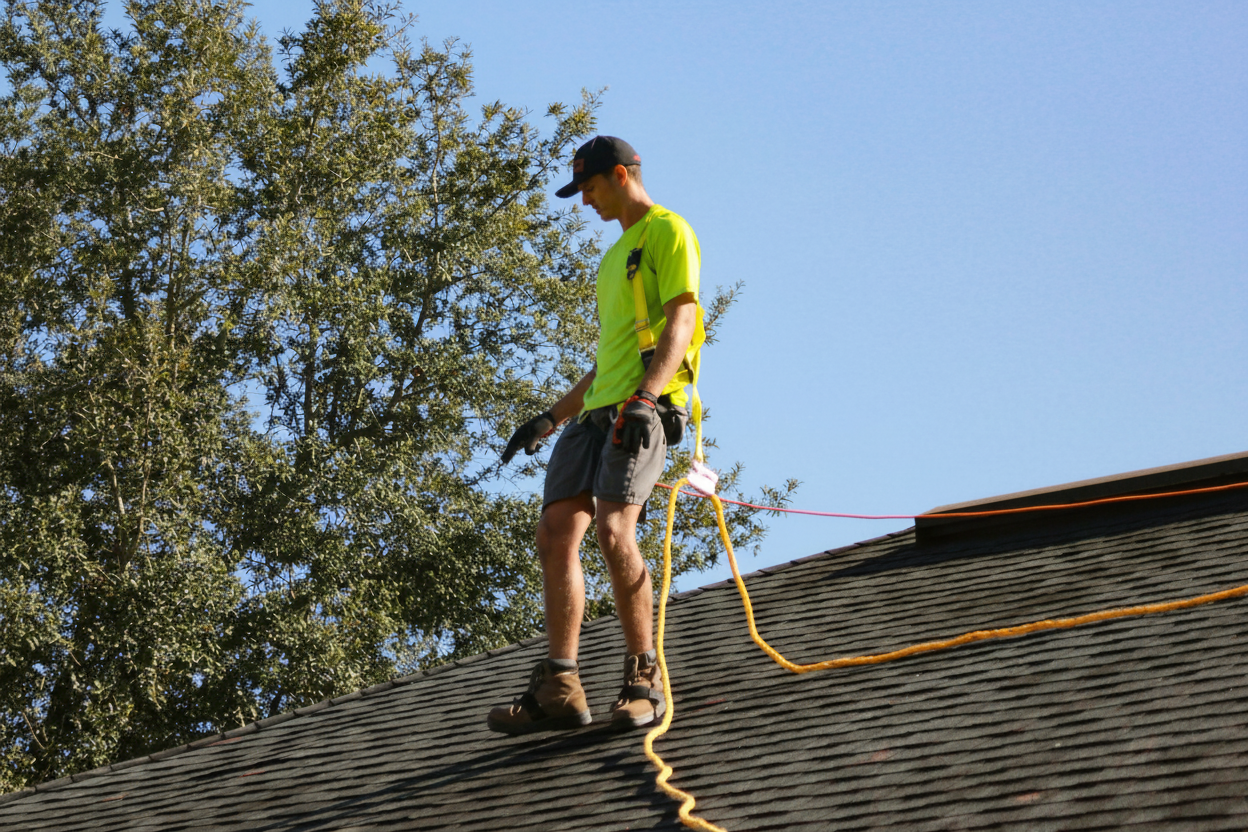 Professional roofer cleaning debris from roof