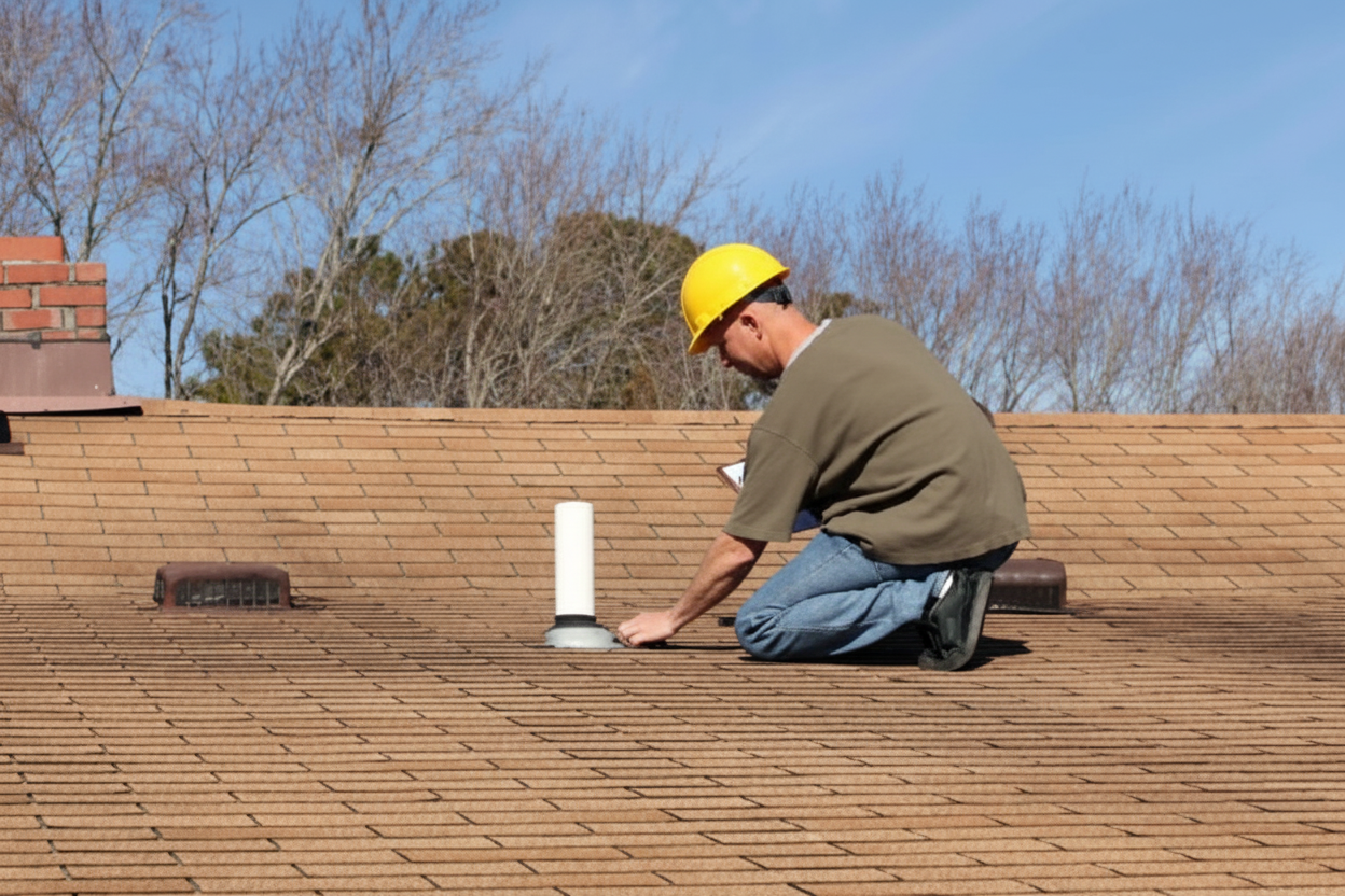 Professional roofer inspecting roof for wind uplift damage with safety equipment