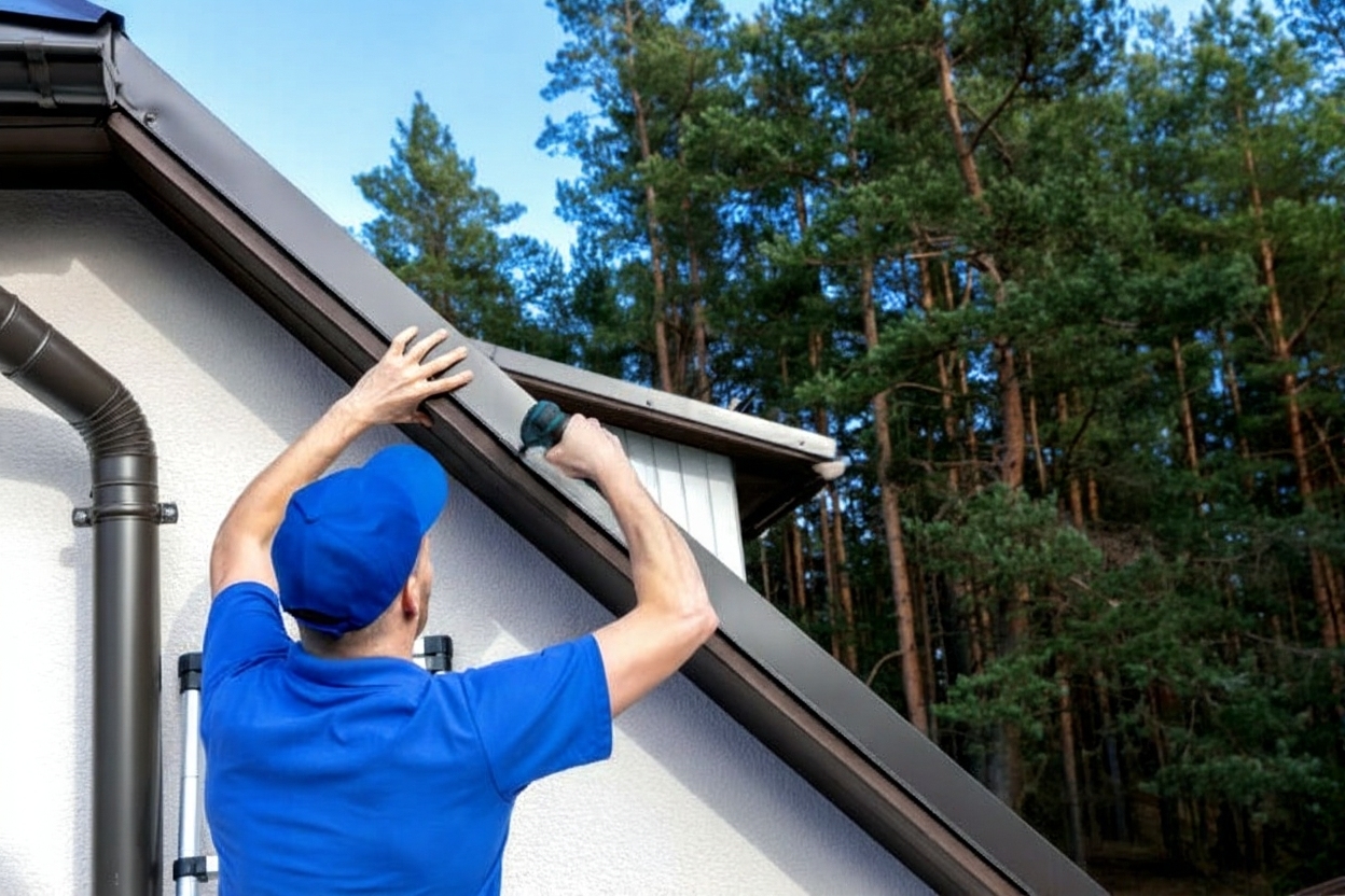 Professional roofer installing drip edge flashing