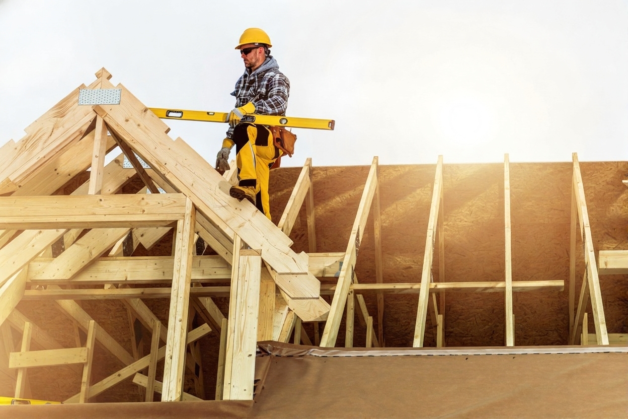 Professional roofer installing roof overhang on residential home