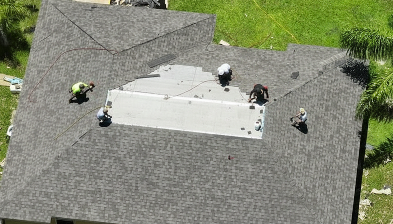 Aerial view of four workers repairing or installing roofing material on a large gray-shingled roof surrounded by green grass and palm trees.