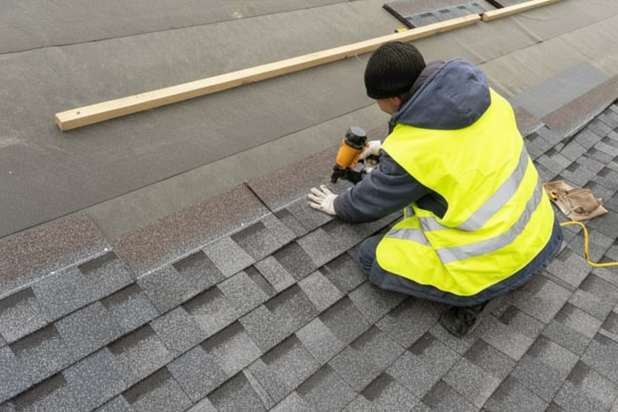 A worker in a high-visibility vest and black beanie uses a nail gun to install asphalt shingles on a roof. A wooden beam and additional shingles are visible nearby.