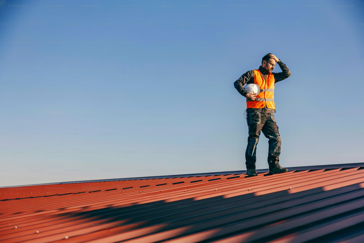Roofing professional inspecting low slope roof