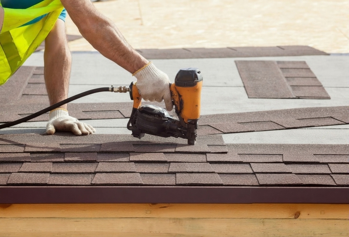 A person wearing work gloves uses a nail gun to install brown asphalt shingles on a roof. The individual is dressed in a safety vest, and unfinished wooden roof decking is visible in the background.