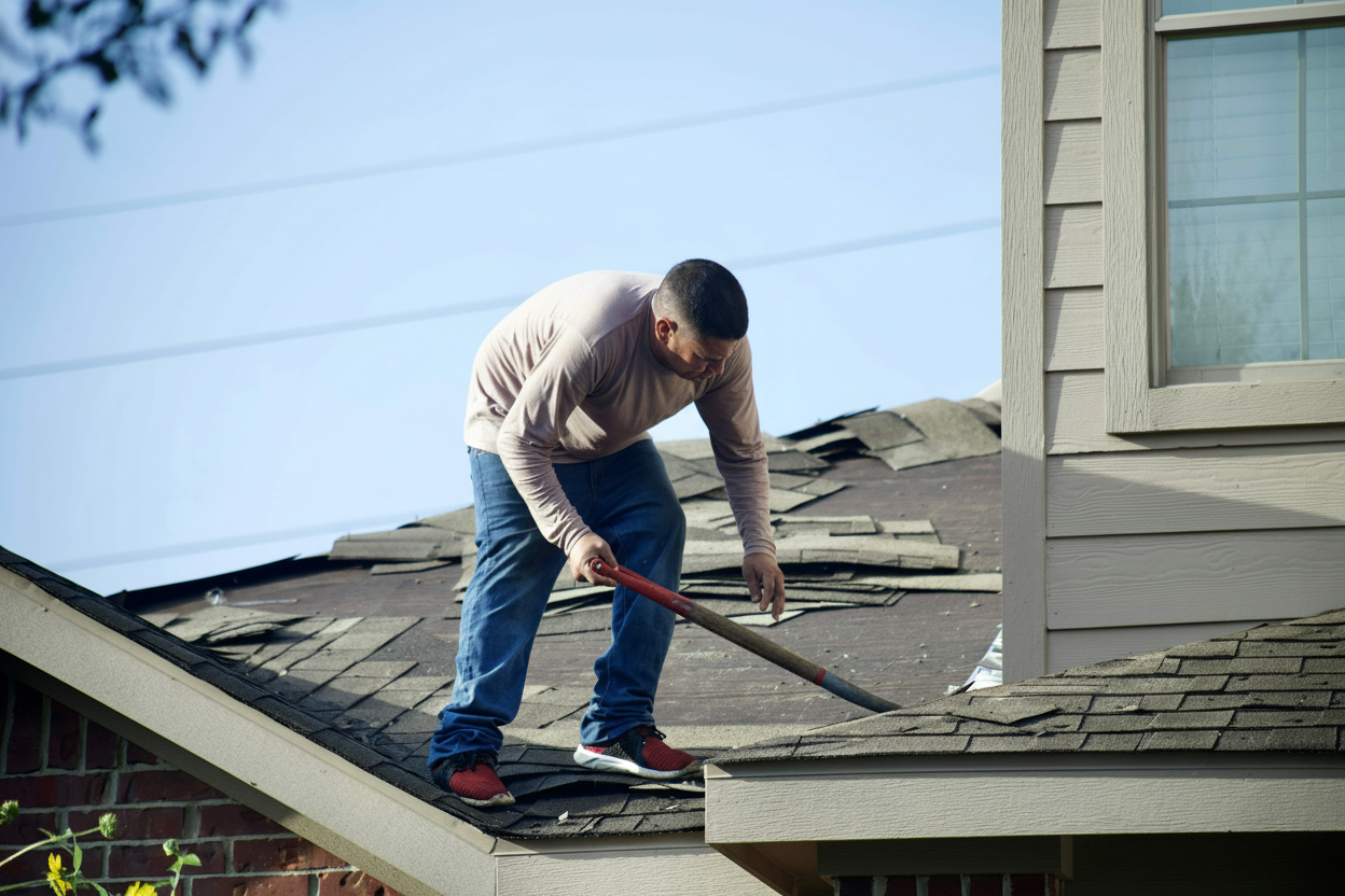 Professional roofers examining and comparing different roofing material samples on a residential property