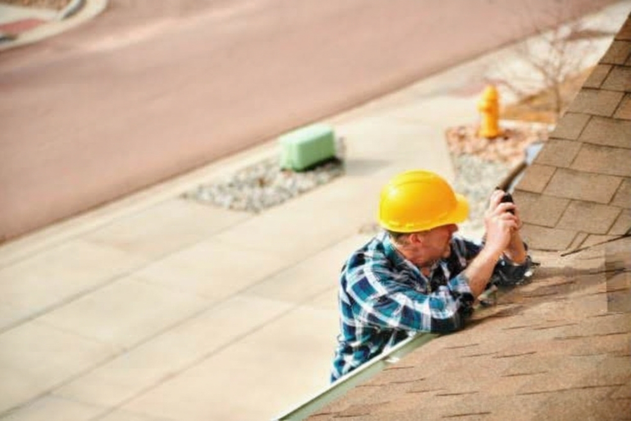 Professional roofers inspecting damaged roof