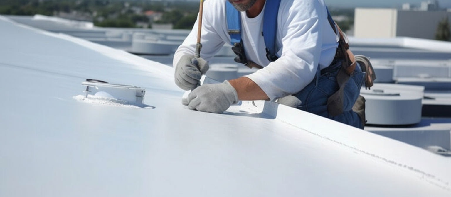 A worker wearing gloves and safety gear applies sealant to a white commercial rooftop under bright daylight, with industrial vents visible in the background.