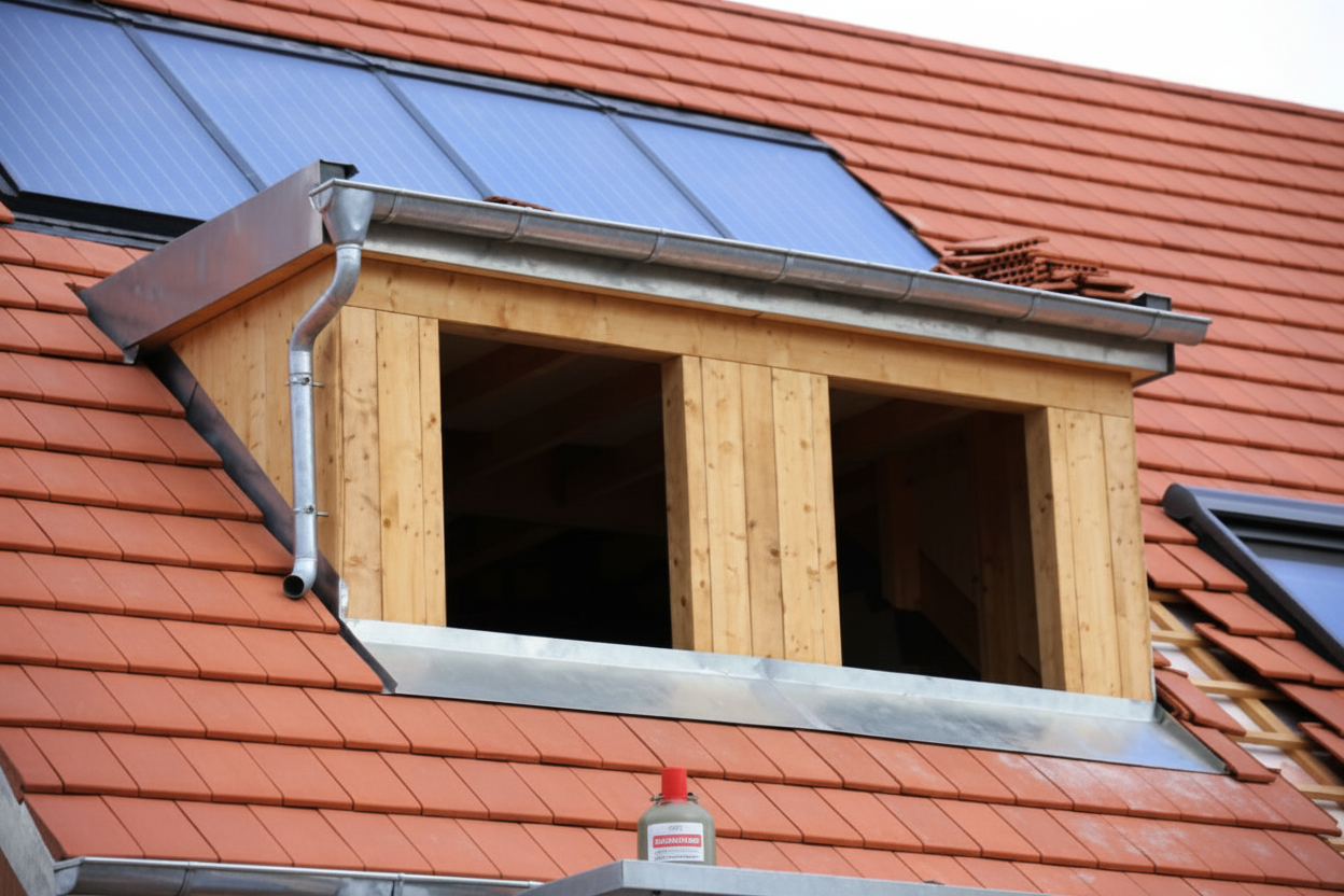 A close-up of a building roof under construction, featuring a wooden dormer with two window openings, red roof tiles, metal gutters, and solar panels installed on the roof.