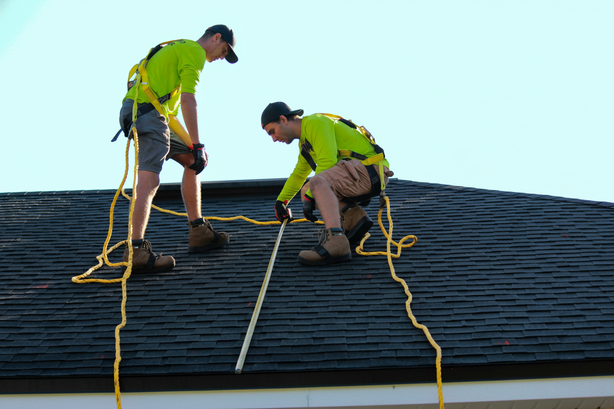 Two workers wearing safety harnesses and bright green shirts measure a shingled roof using a long measuring tape, with yellow safety ropes trailing beside them.