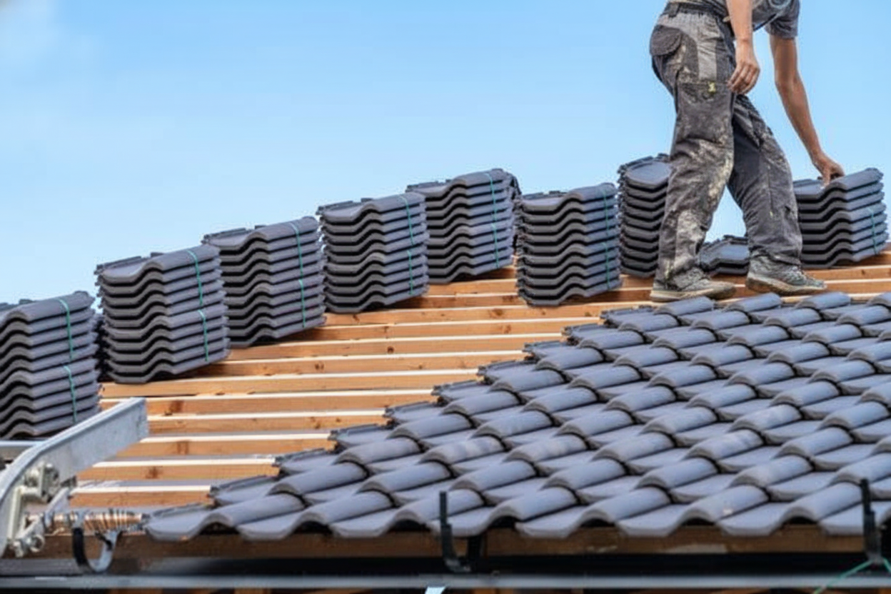 A person stands on a partially constructed roof, installing dark roof tiles. Stacks of tiles are visible on the wooden roof frame against a clear blue sky.