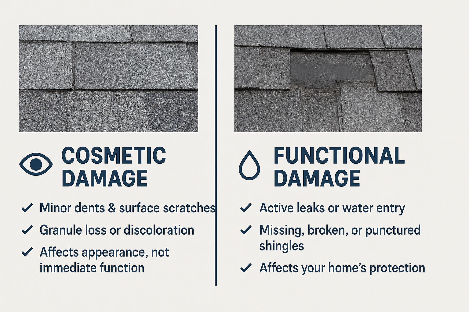 Comparison graphic showing two types of roof shingle damage: Cosmetic Damage on the left with minor dents and discoloration, and Functional Damage on the right with missing or broken shingles causing leaks.