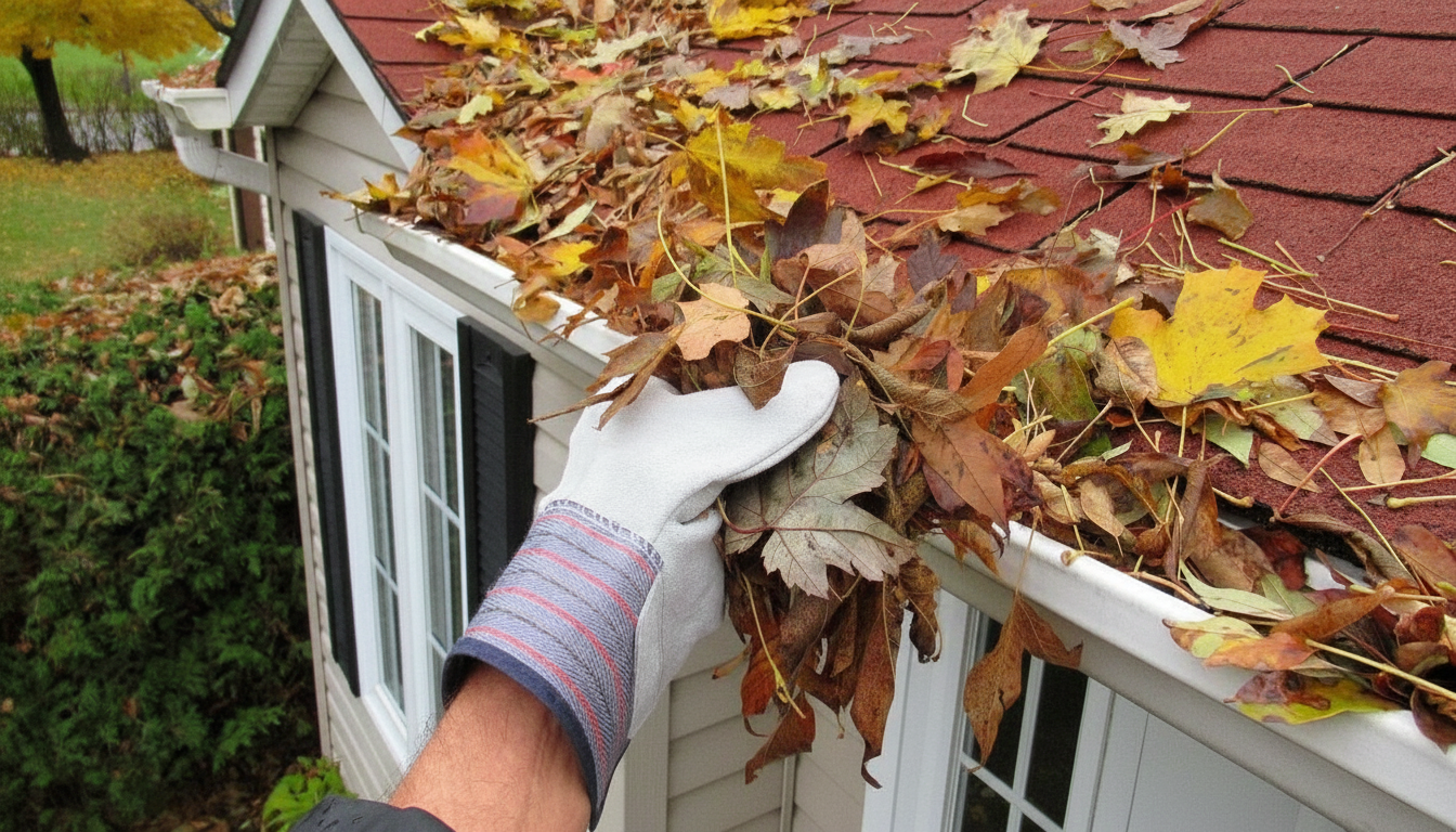 A person wearing a glove removes autumn leaves from a house gutter on a red roof. The gutter is clogged with leaves, and more leaves cover the roof nearby. Trees and grass are visible in the background.