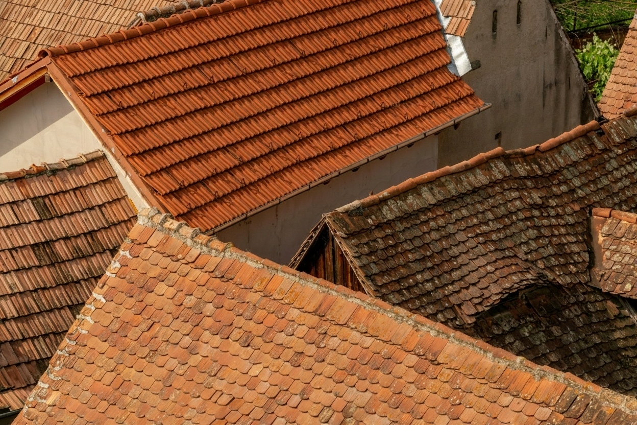 A top-down view of several houses with red and brown tiled roofs, some appearing newer and others weathered, forming intersecting lines and angles.
