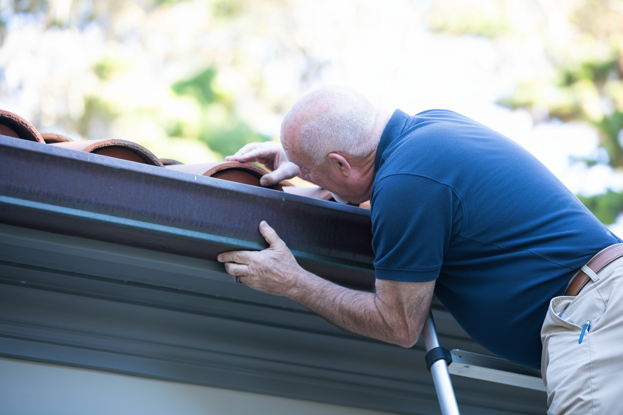 Professional inspecting a tile roof with homeowner, showing maintenance and longevity assessment