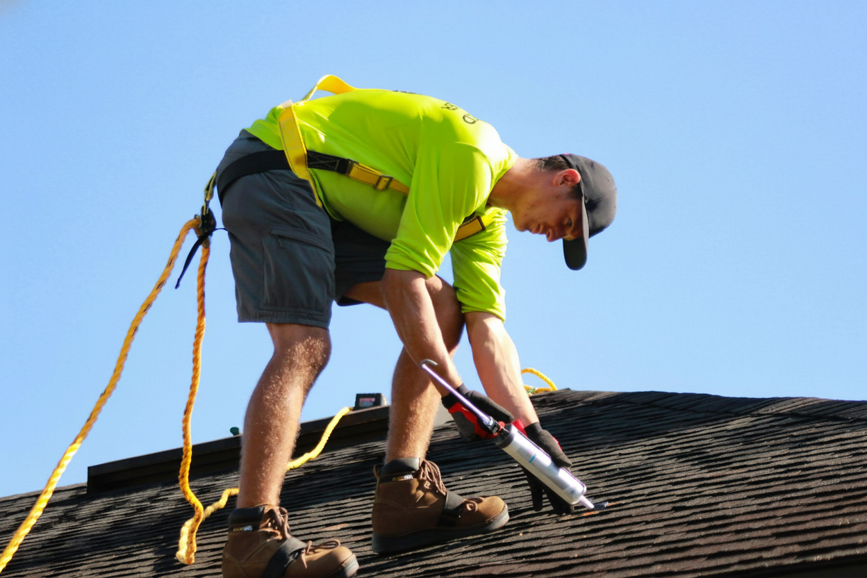 Roofing professional carefully inspecting a tile roof while demonstrating correct weight distribution and stepping on tile edges