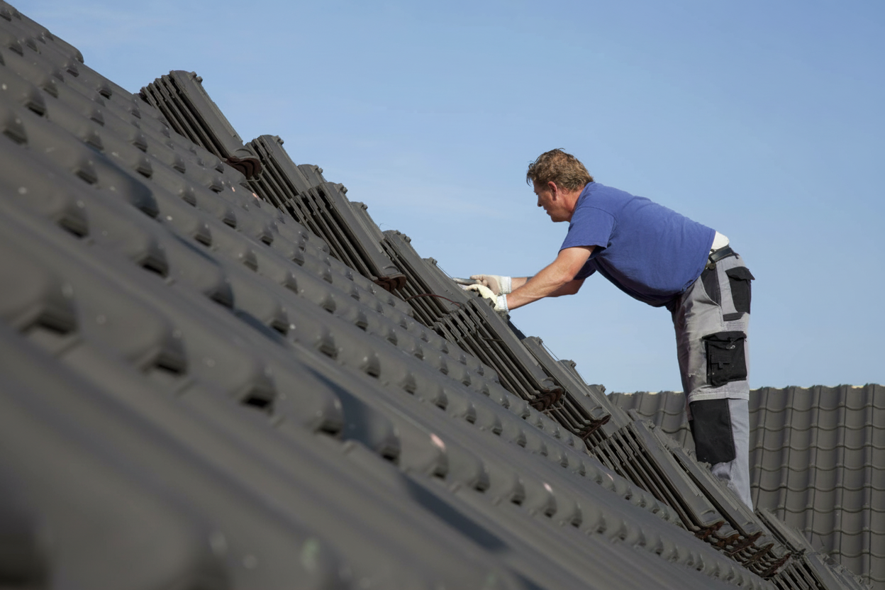 A man wearing work gloves and a blue shirt installs or repairs dark roof tiles on a sloped rooftop under a clear blue sky.