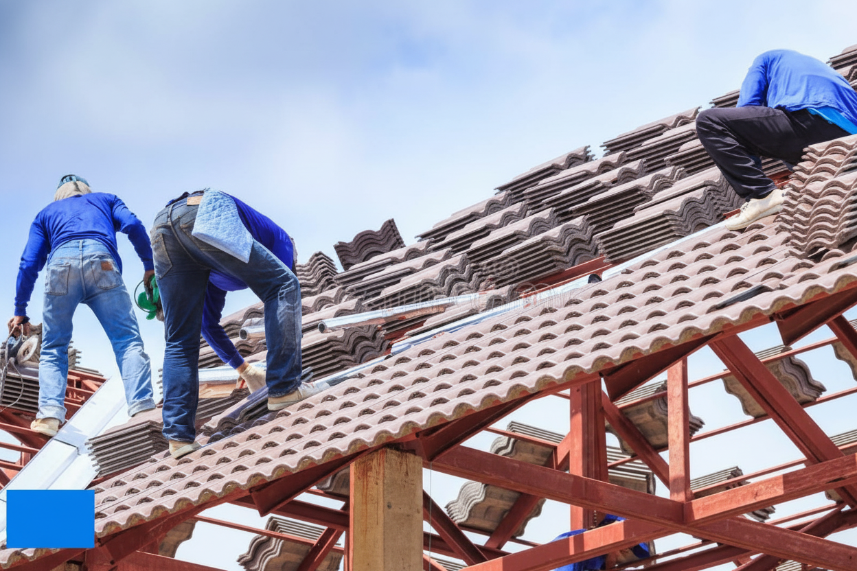 Roofing team repairing tile roof on residential home