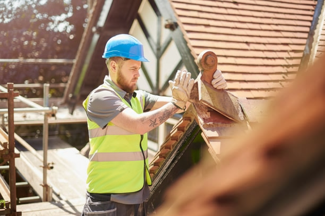 Professional roofing contractors working on tile roof installation