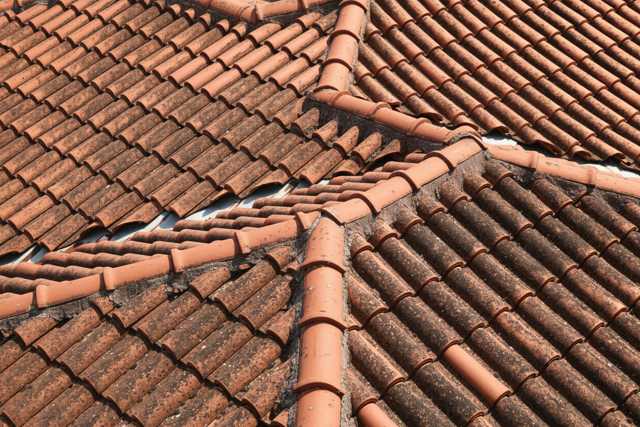 Homeowners and roofing professionals examining different types of tile roofs on residential properties, showing variety of materials and styles